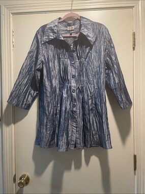 Noelle Metallic Blue Crinkle Button-Up Jacket